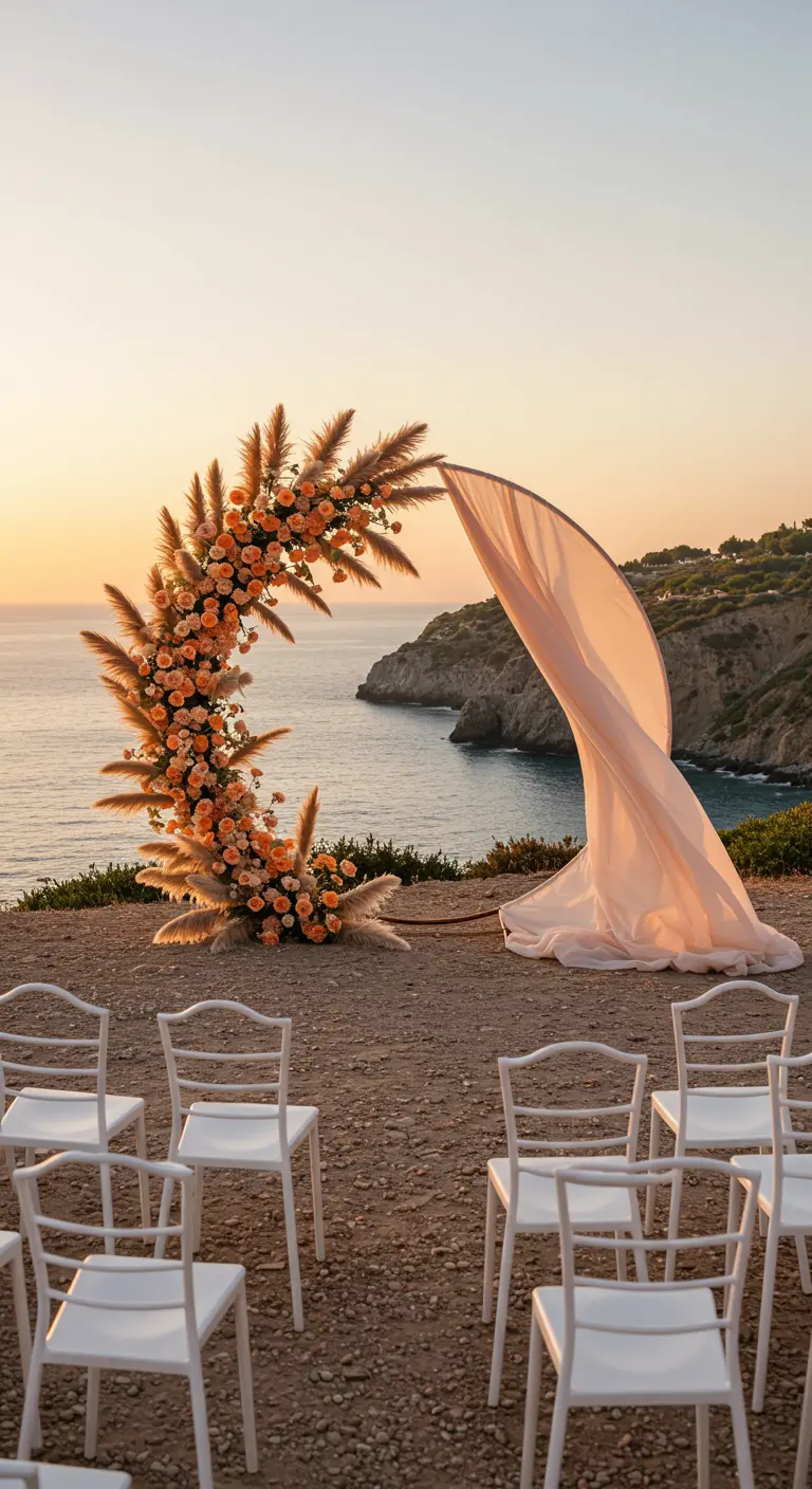 A crescent-shaped floral arch with pampas grass and a flowing tulle veil on a cliff at sunset.