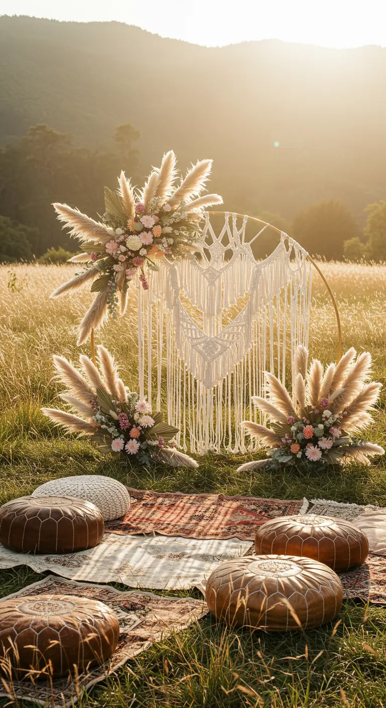 A gold wedding hoop with macrame, pampas grass, and flowers in a field.