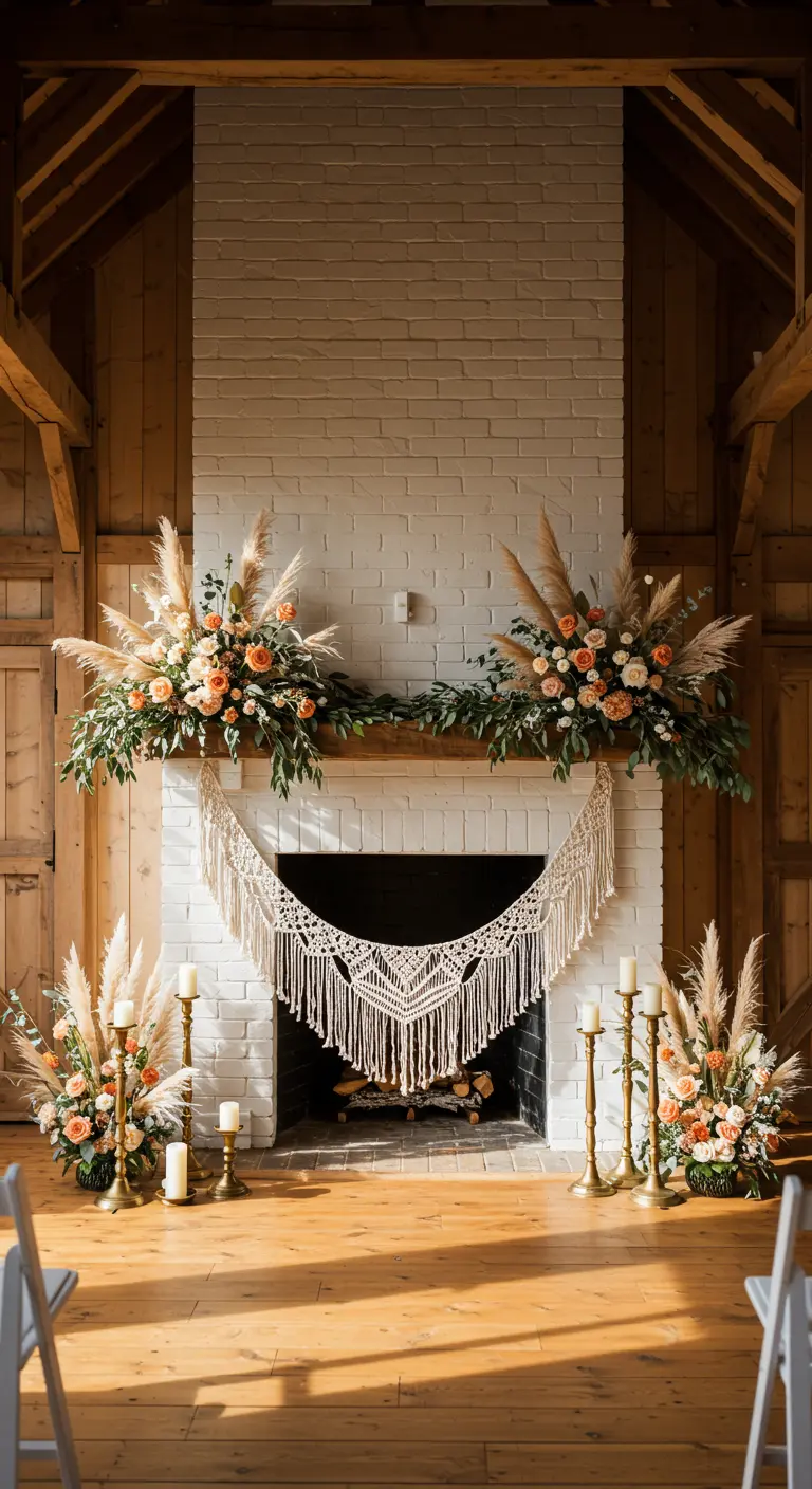 A white brick mantel with a macrame hanging and pampas grass floral arrangements.