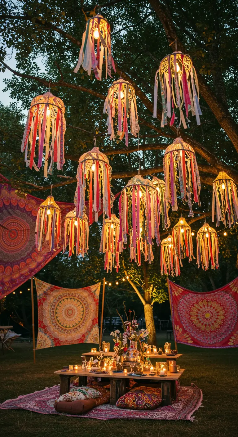 Bohemian-style lanterns made with fabric scraps hanging from a tree at night.
