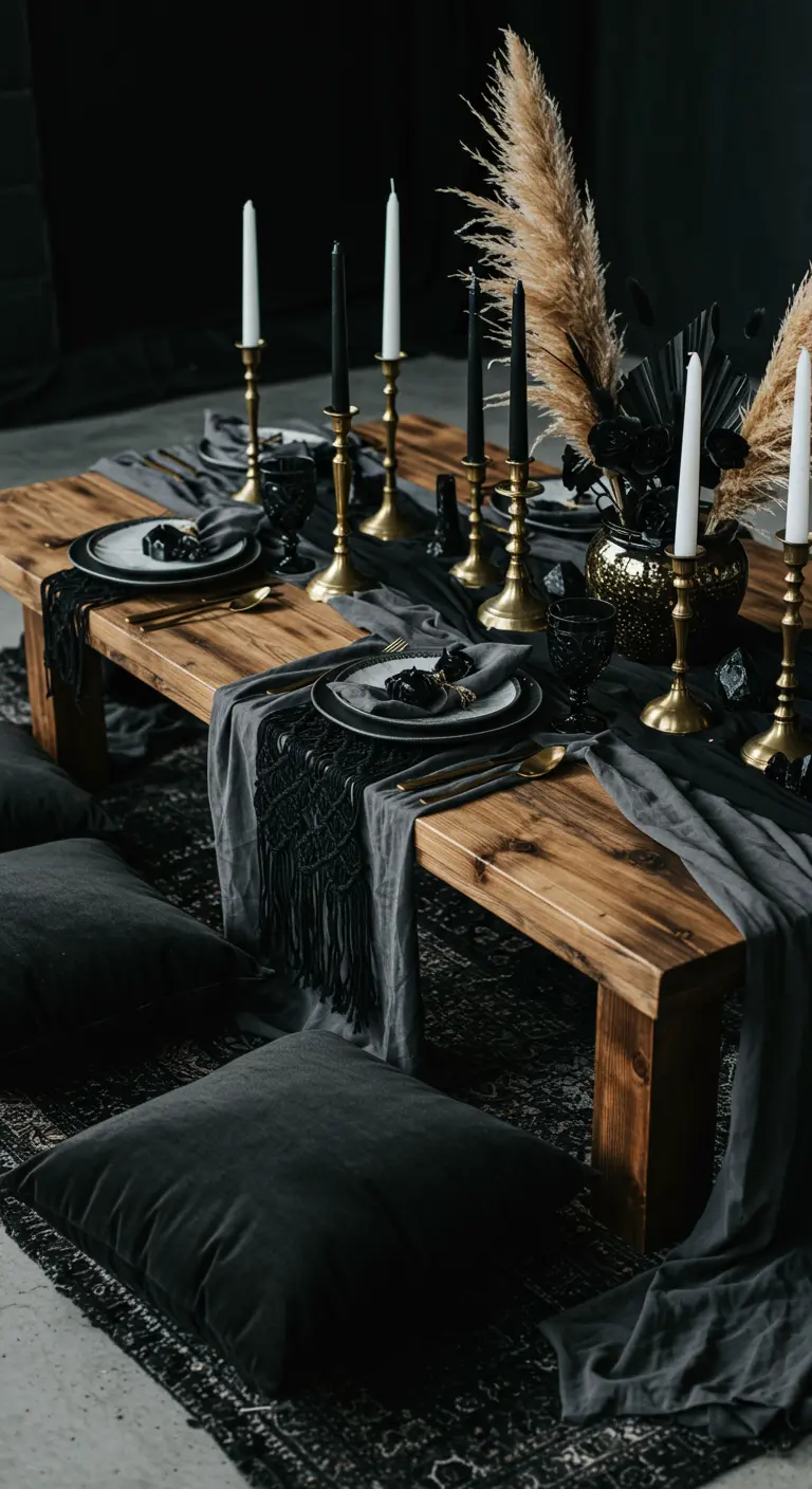 A low wooden table set on the floor with dark cushions, pampas grass, and black candles.