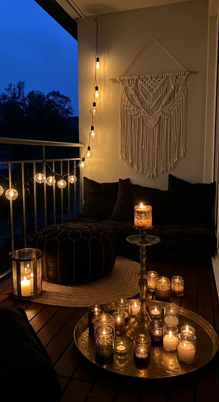 A bohemian balcony with a macrame wall hanging, a large ottoman, and a brass tray filled with candles.