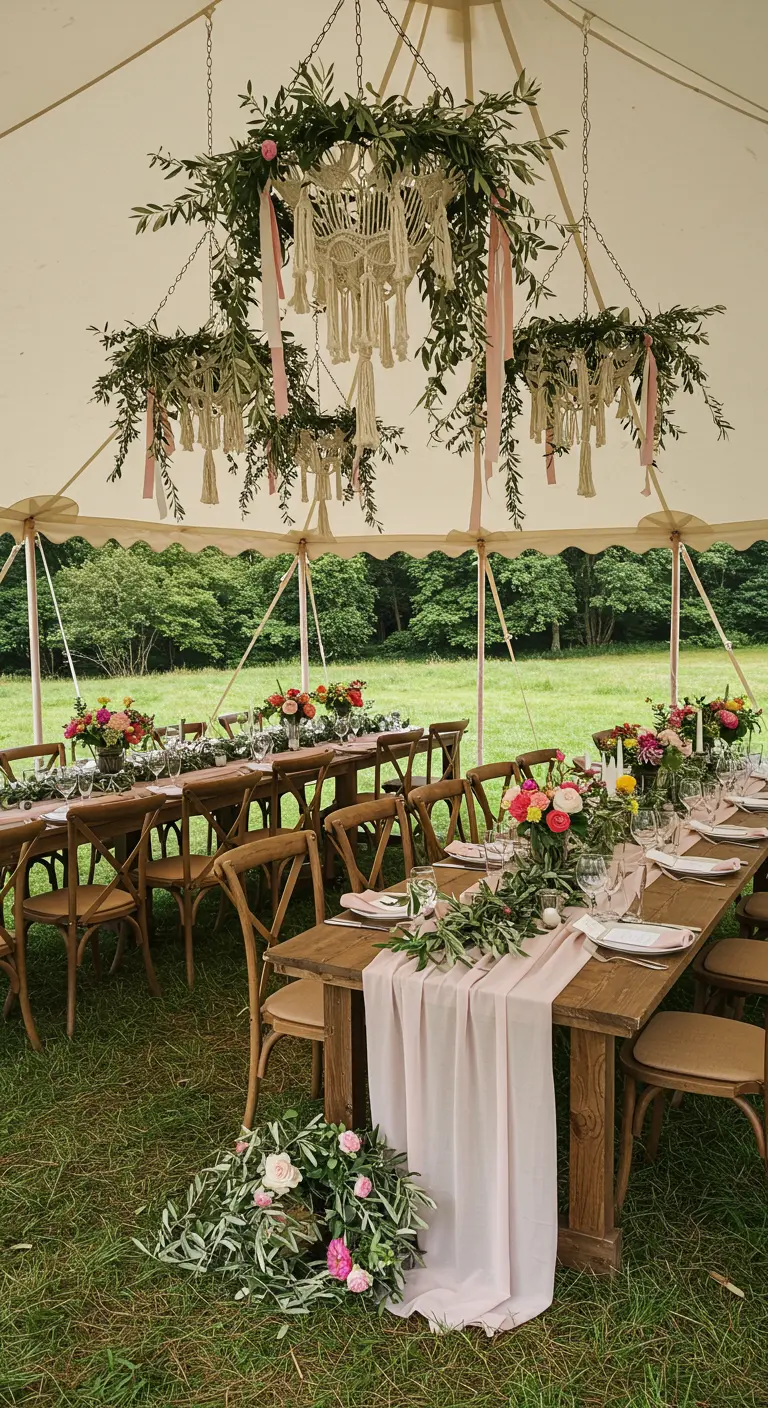 Wedding tent with hanging greenery chandeliers featuring macrame and pink ribbons.