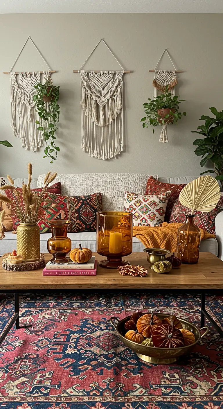 Boho living room with fall decor, including amber glass and velvet pumpkins.
