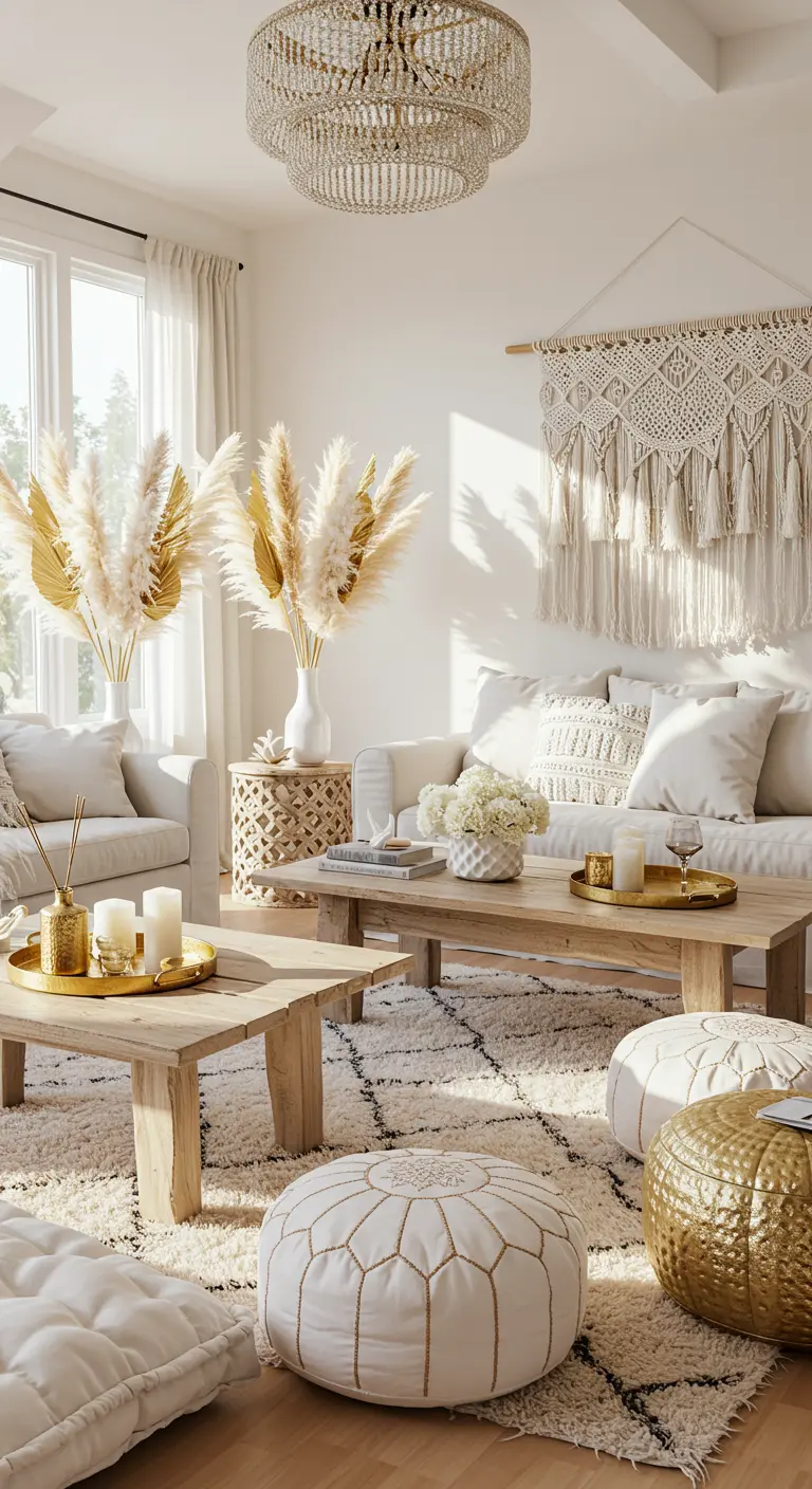 A bohemian living room with white sofas, a gold pouf, and pampas grass.