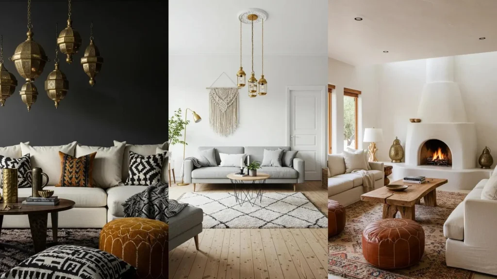 Three warm boho-luxe living rooms with layered textiles, brass Moroccan lanterns, and cozy seating arrangements.