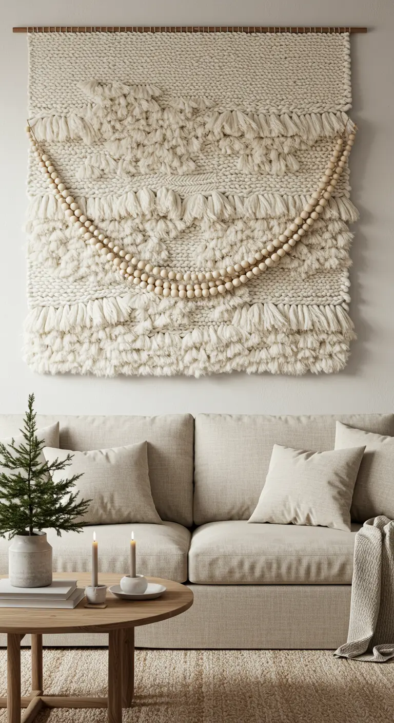 A large macrame wall hanging decorated with a simple wooden bead garland above a sofa.