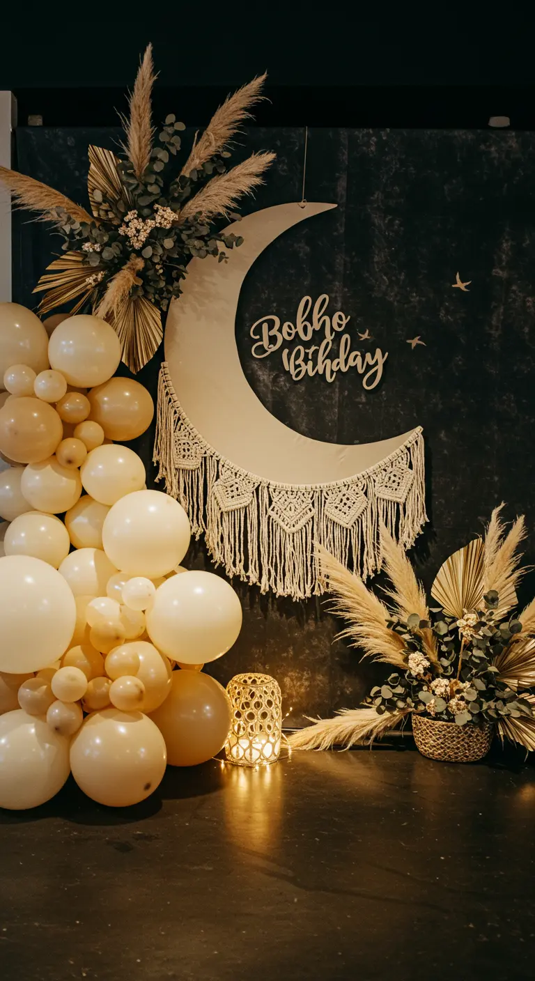 A boho celestial theme with a macrame-adorned moon, pampas grass, and neutral balloons.