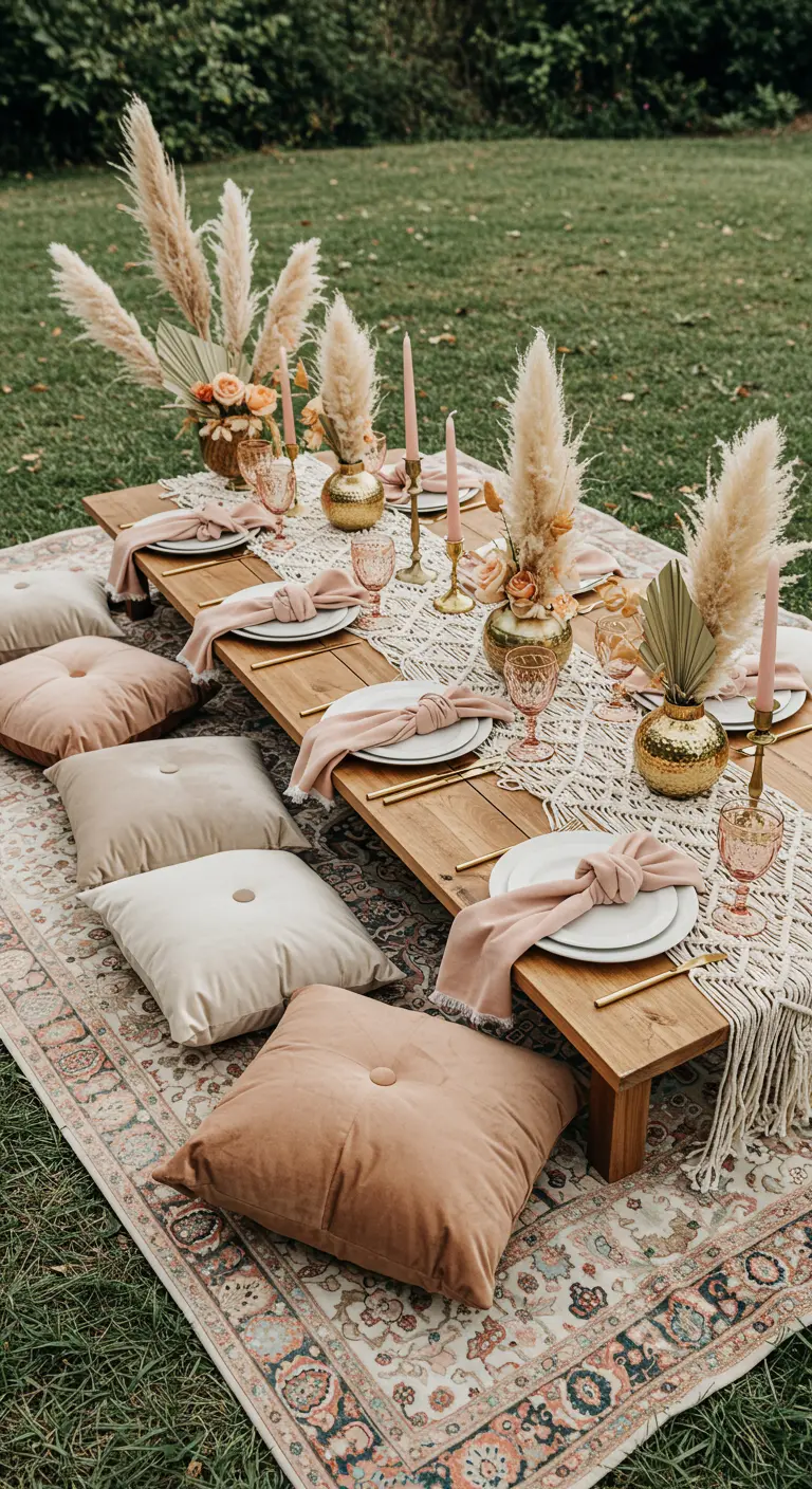 A low boho-style picnic table on a rug with floor cushions, pampas grass, and pink details.