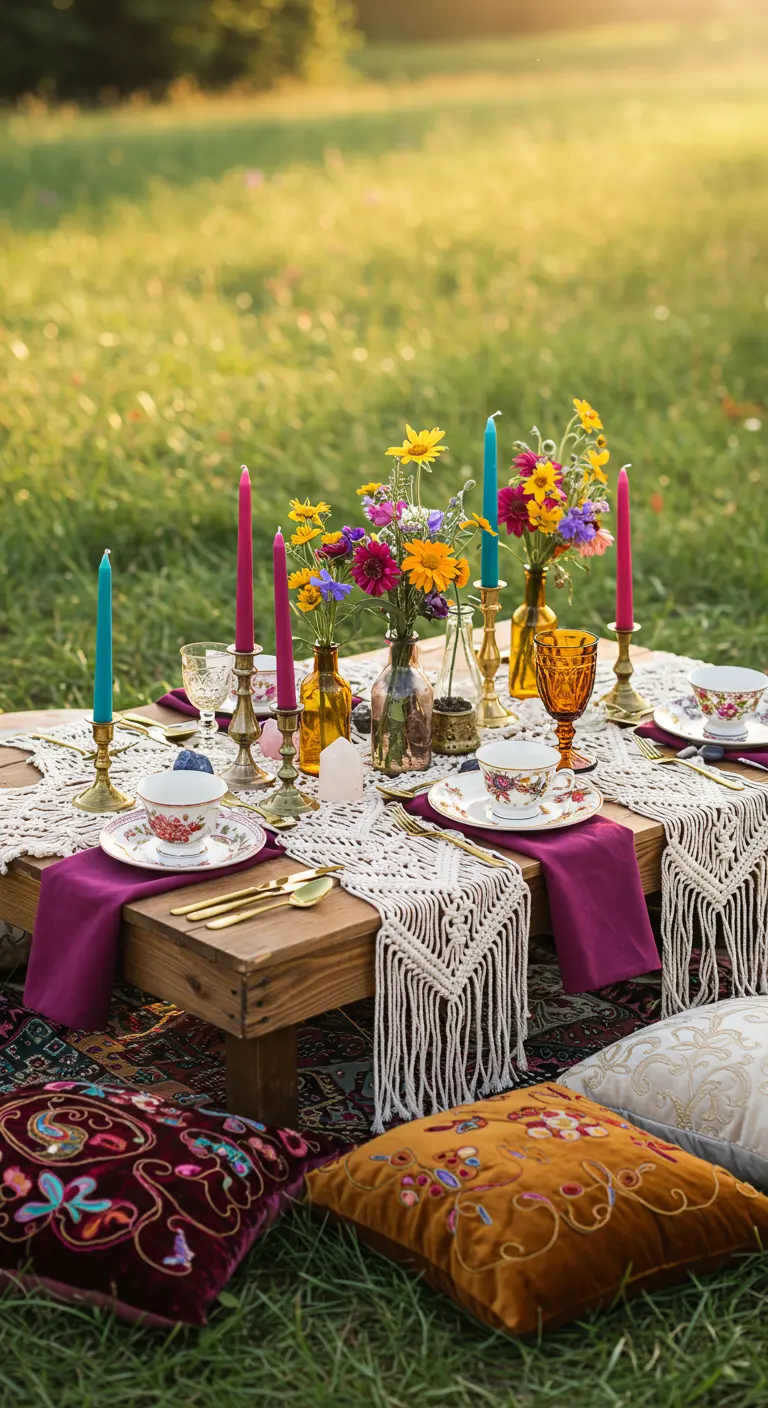 Bohemian-style picnic in a field with colorful pillows and a low table.