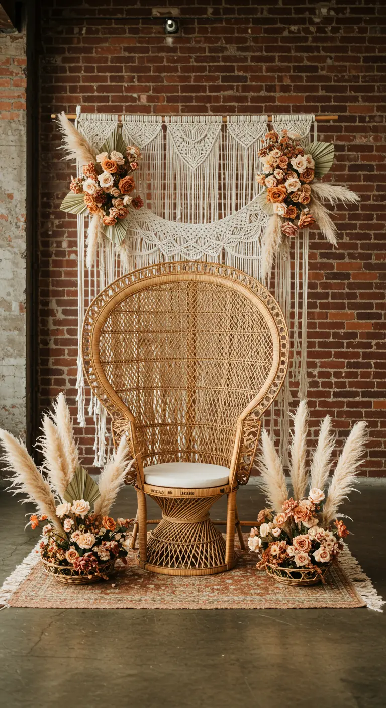 A boho backdrop with a macrame hanging, peacock chair, and pampas grass floral arrangements.