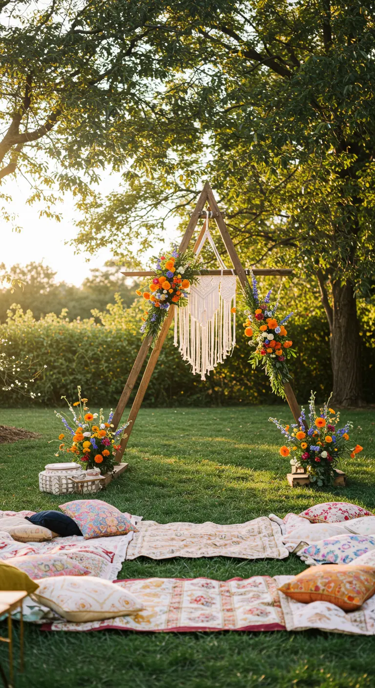 A triangular wooden arch with a macrame hanging and boho rugs and pillows on the grass.
