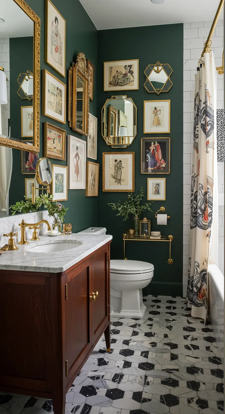Bold bathroom with emerald green walls, a wooden vanity, and a gallery wall of framed art and mirrors.