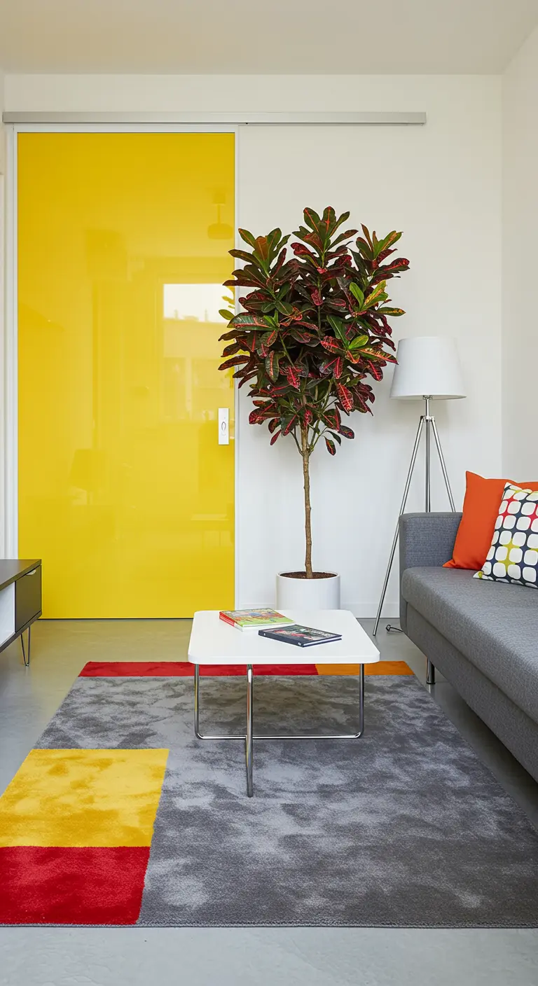 Modern living room with a bright yellow high-gloss sliding door and a color-block rug.