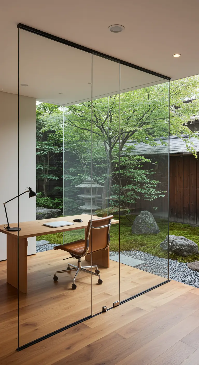 A home office with a glass wall that looks out onto a lush Japanese garden.