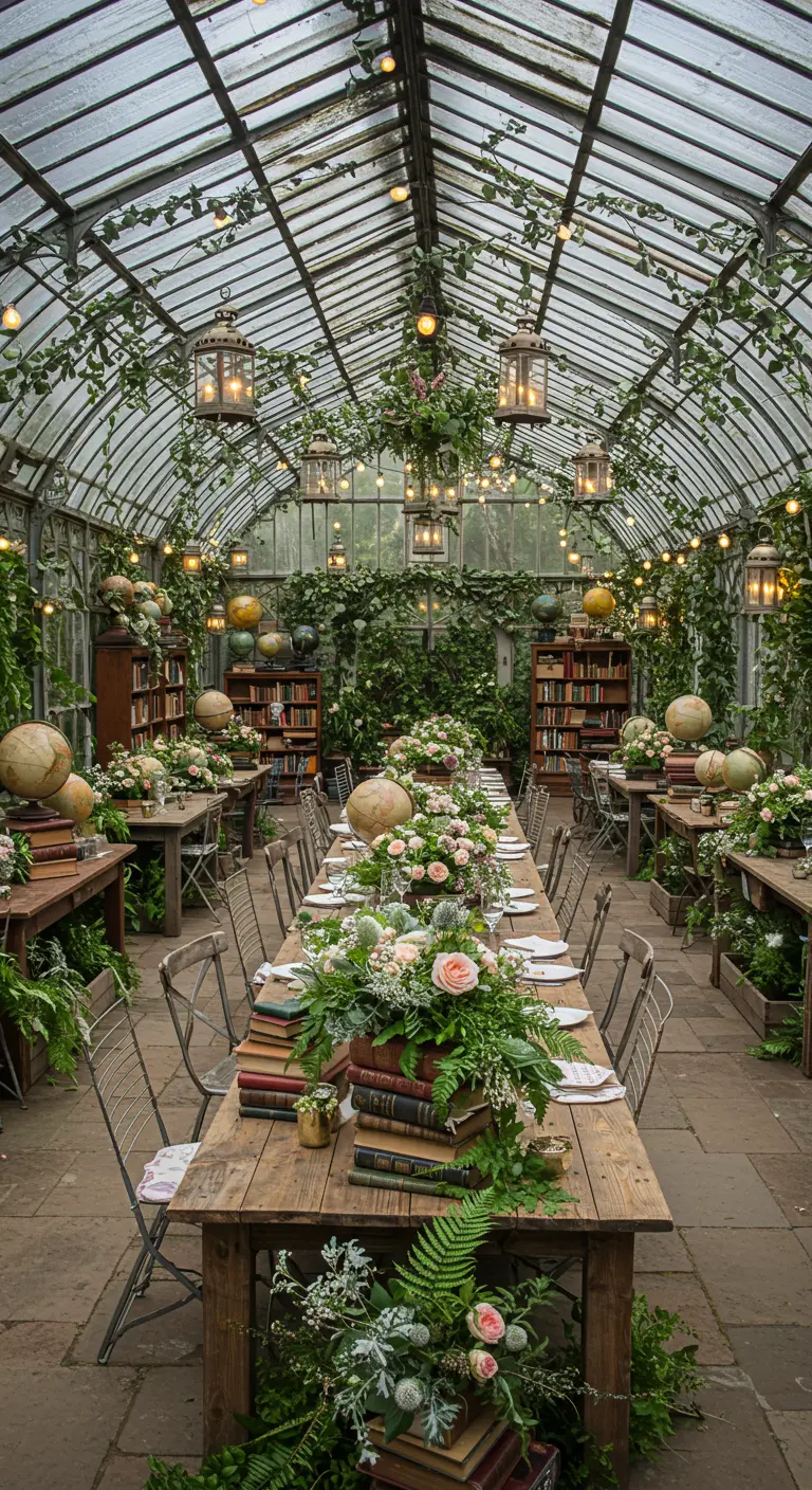 Greenhouse with long wooden tables, bookstack centerpieces, hanging lanterns, and globes.