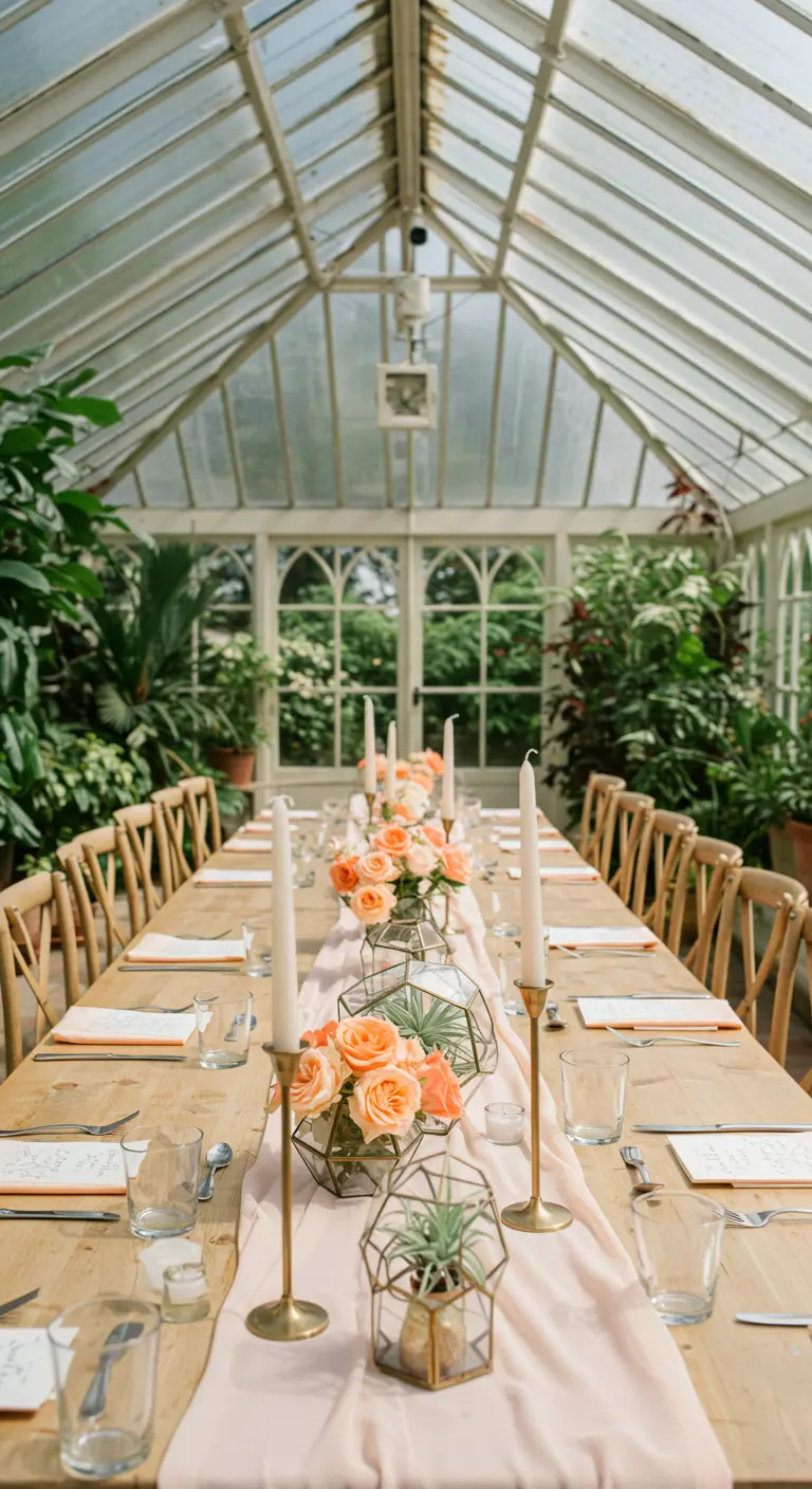 Greenhouse wedding table with geometric terrariums, succulents, and peach roses.