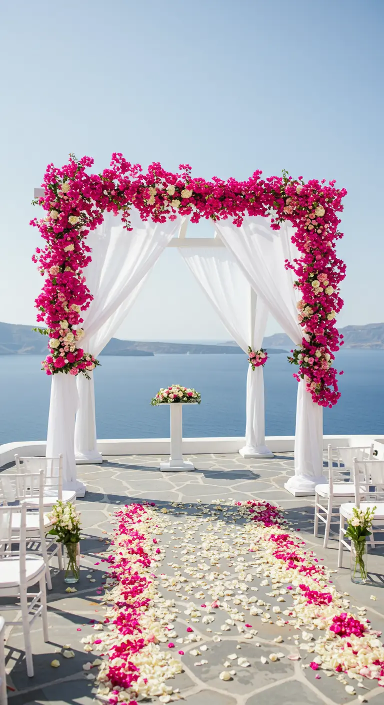White wedding altar by the sea, covered in vibrant pink bougainvillea.