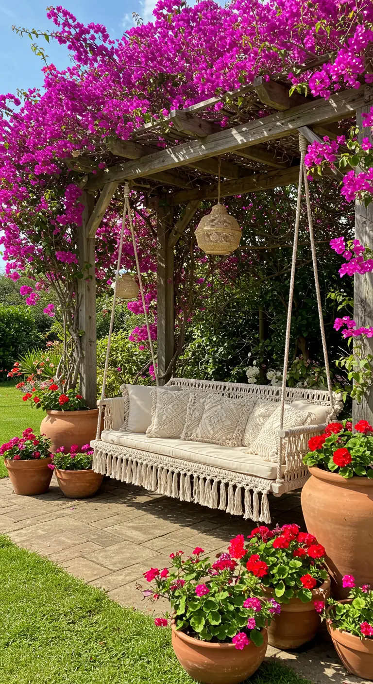 Boho swing sofa under a pergola covered in bright pink bougainvillea.