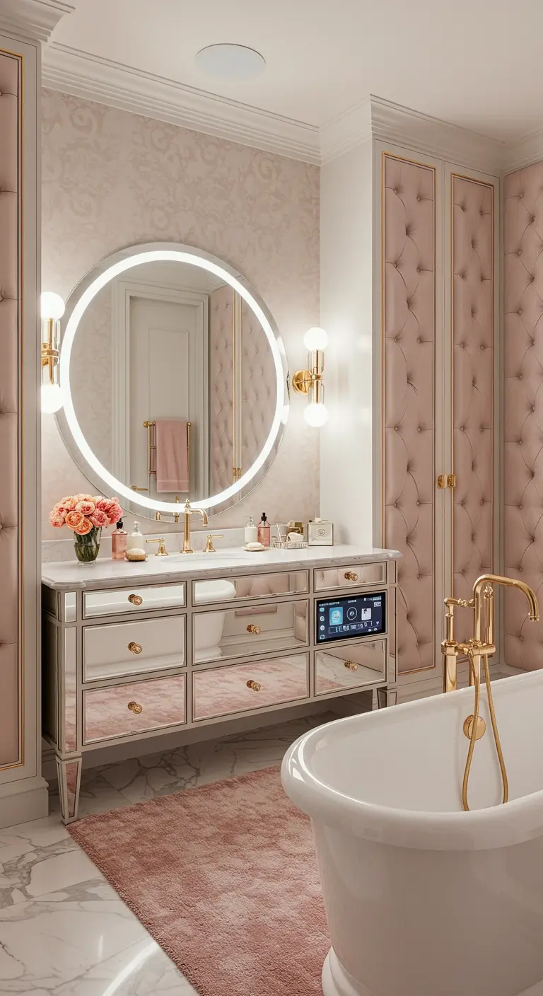 Luxe bathroom with pink tufted walls, mirrored vanity, and gold hardware.