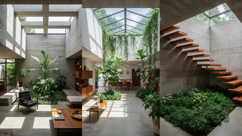 Bright Brazilian modernist interior with large indoor garden, concrete walls, skylight, and elegant mid-century furniture.