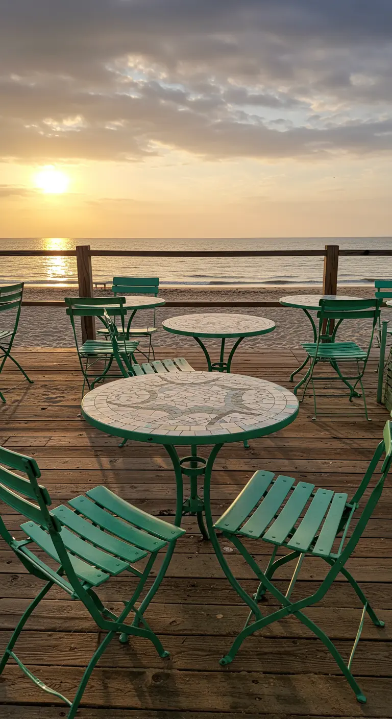 Green metal bistro sets with simple mosaic tables on a wooden deck overlooking the beach.