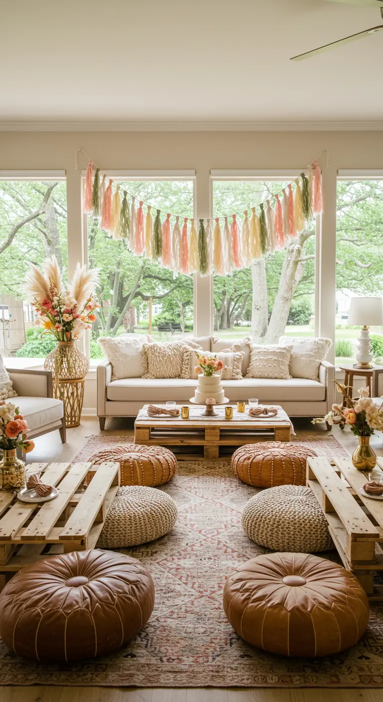 A long, pastel-colored yarn tassel garland hangs across a large window in a boho-style living room.