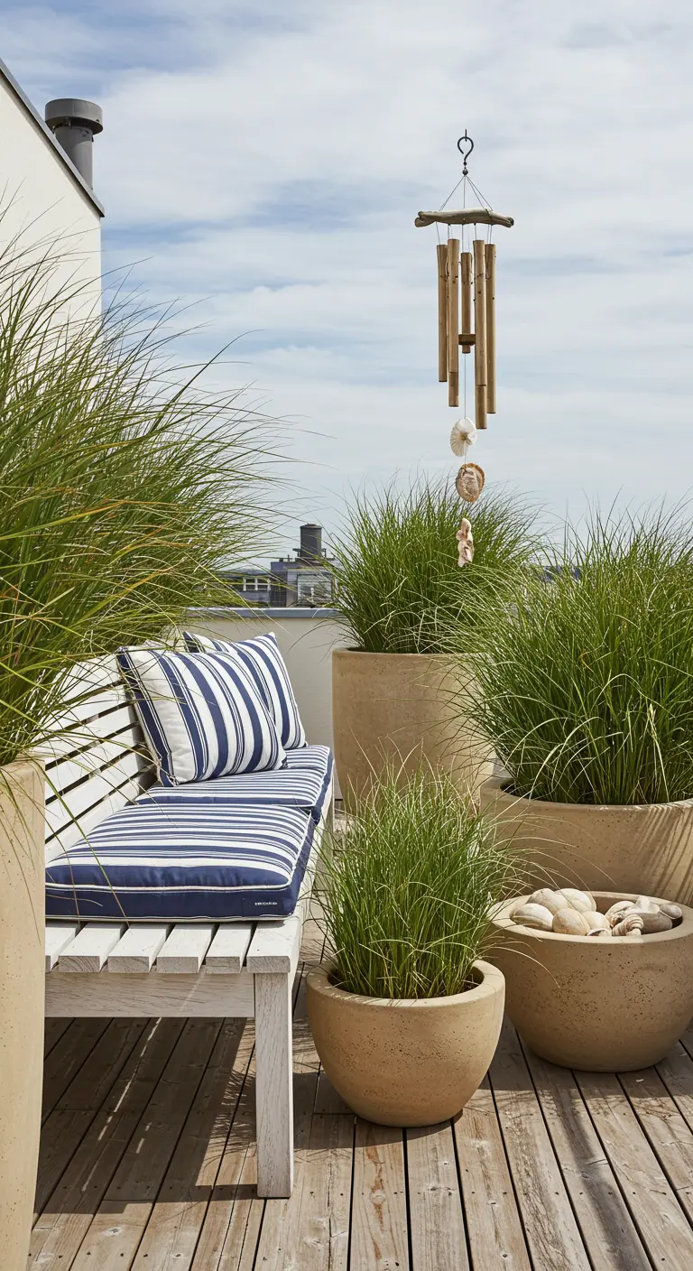 A coastal-themed deck with a white bench, striped cushions, and bamboo wind chimes.