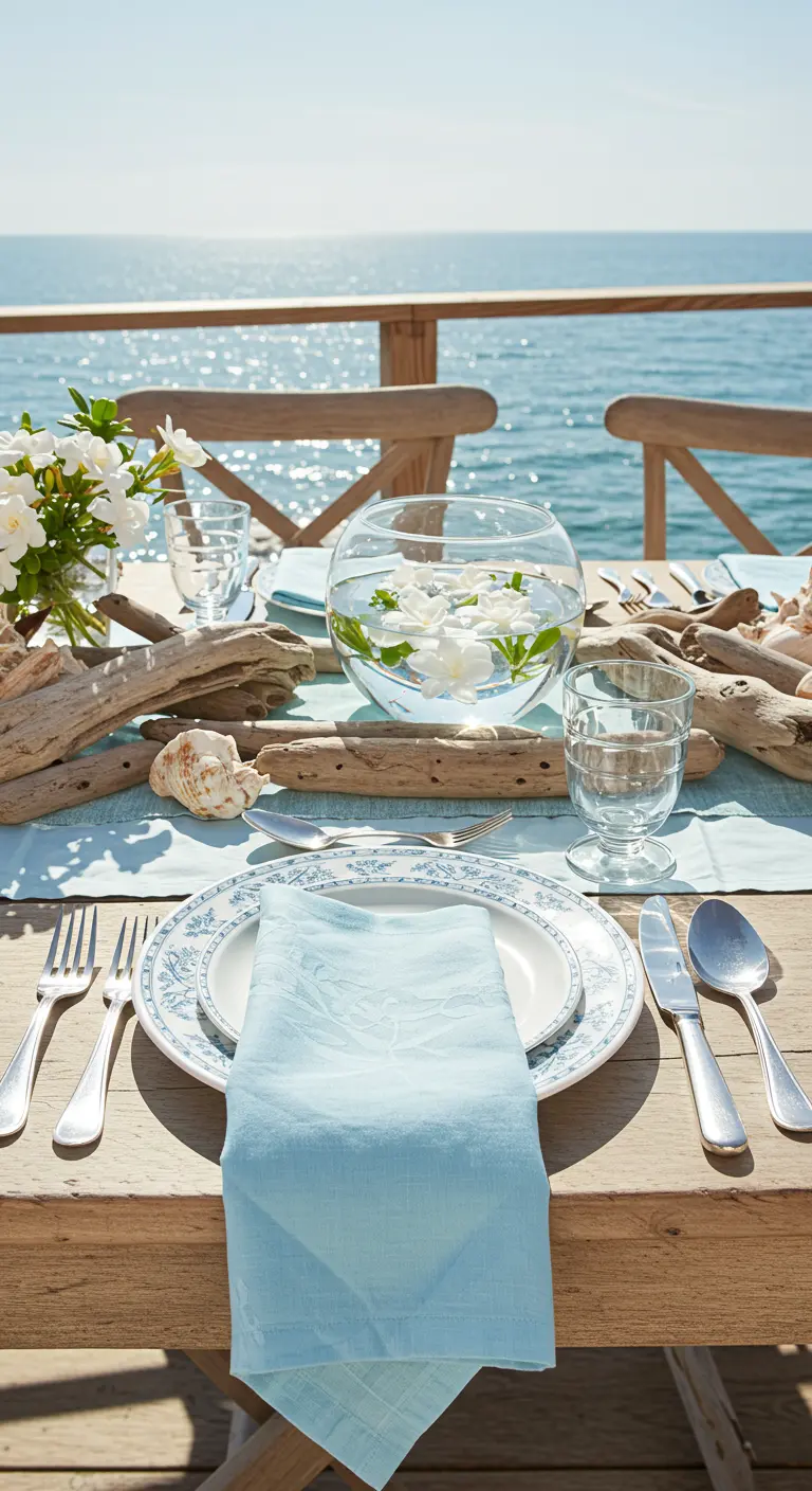 Coastal tablescape with driftwood, floating gardenias, and light blue linens.