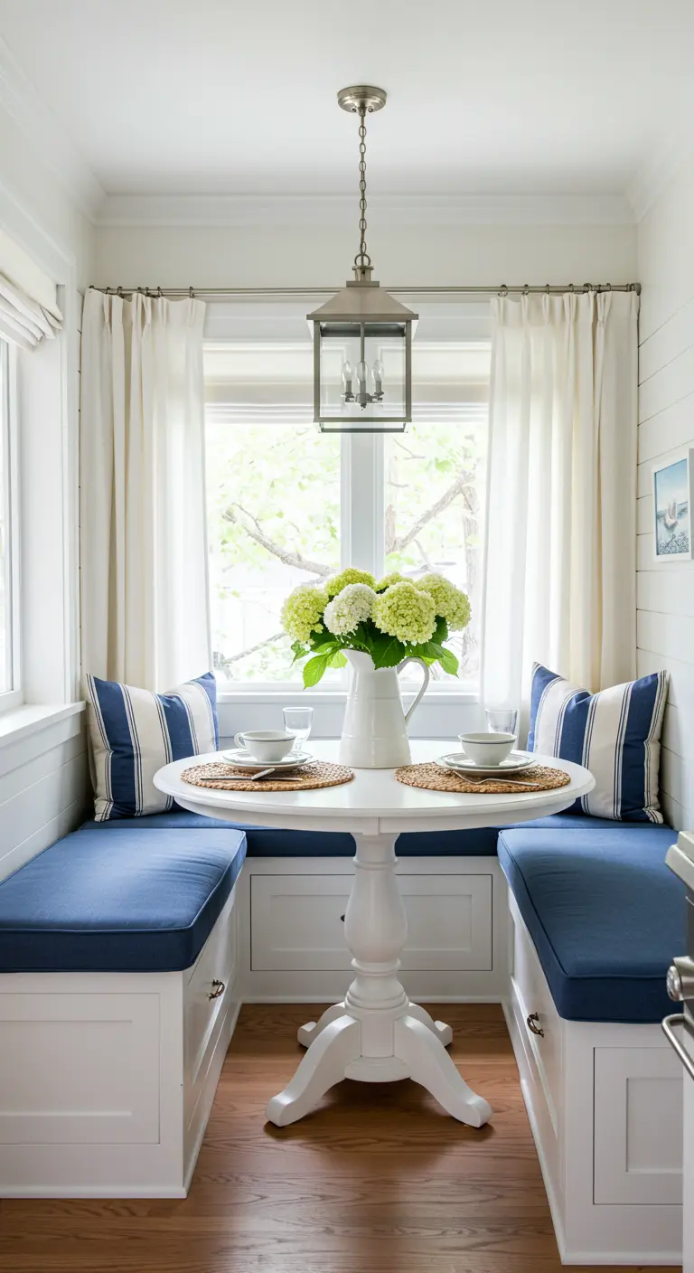 A coastal dining nook with a white banquette, navy cushions, and striped pillows.