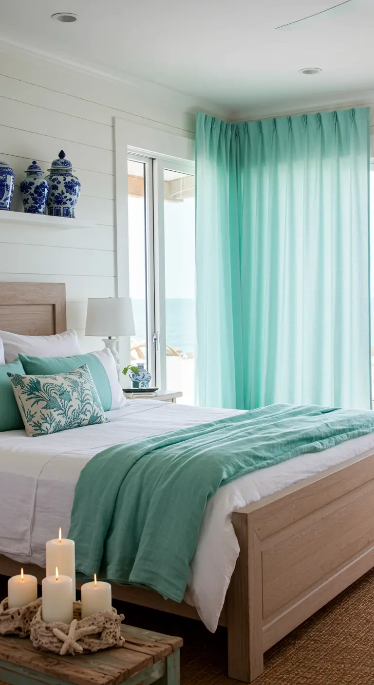 Coastal bedroom with light wood bed, white shiplap, and flowing aqua curtains.
