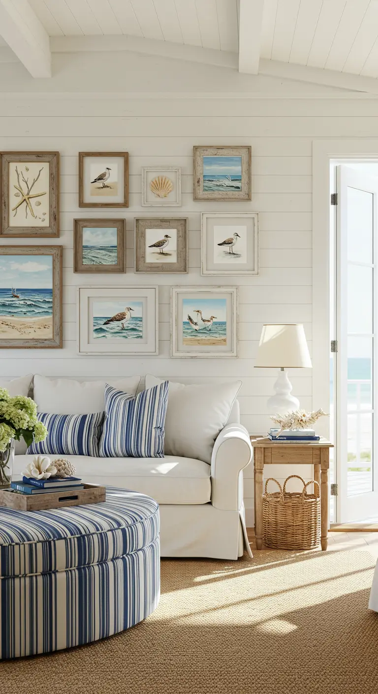 Coastal living room with shiplap walls, seaside art, and a blue and white striped ottoman.