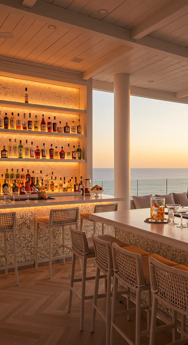 Coastal-style terrace bar with a textured white front and woven stools overlooking the ocean.