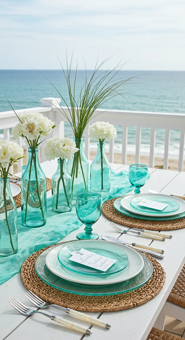Coastal-themed table with sea-glass colored vases, white flowers, and an ocean view.
