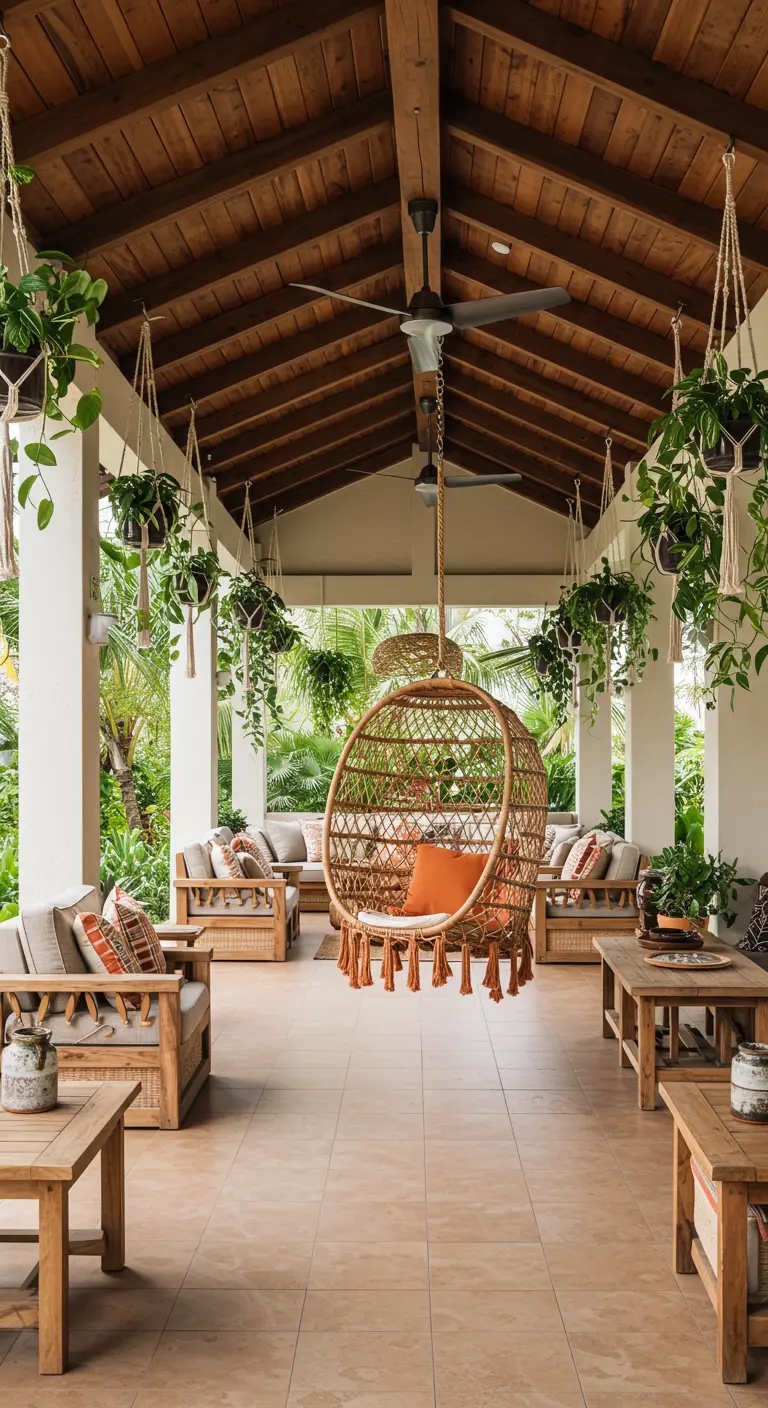 A rattan hanging egg chair on a large, covered veranda with wooden furniture and many plants.