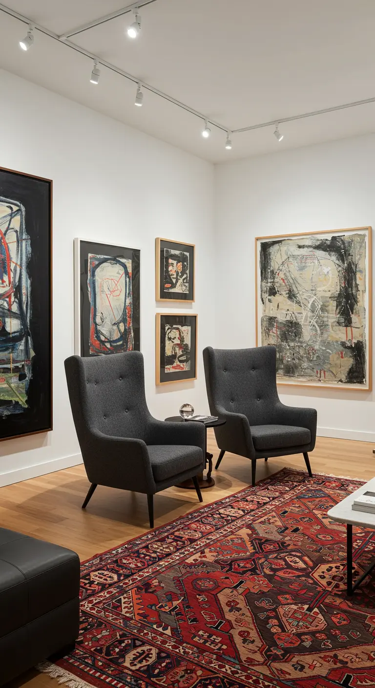 Modern gray wingback chairs and abstract art grounded by a traditional red Oriental rug.
