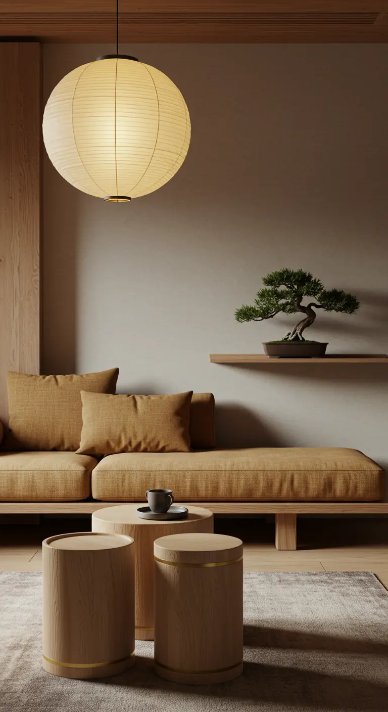 A minimalist living room with a low wooden sofa and a paper lantern light.