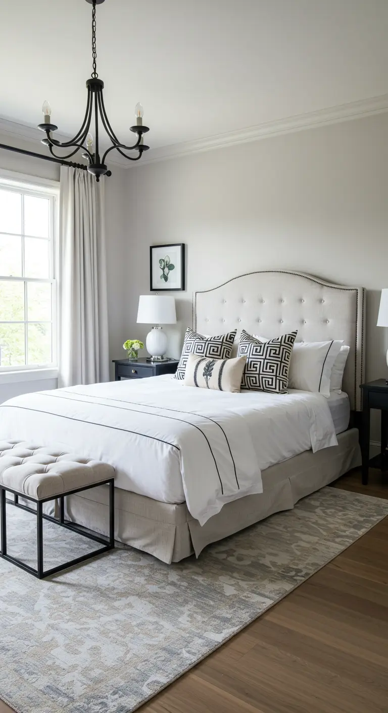 Transitional bedroom with warm grey walls, a cream tufted bed, and black and white geometric pillows.