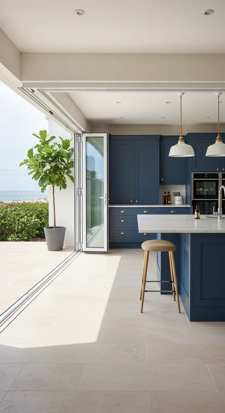 Navy kitchen with bifold doors opening to a patio with matching floor tiles.
