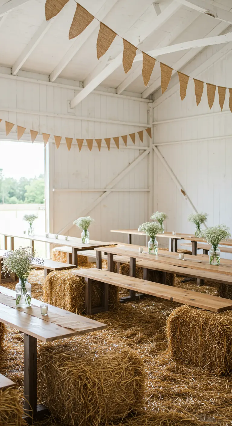 A bright, whitewashed barn interior with simple wooden tables and hay bale seating.