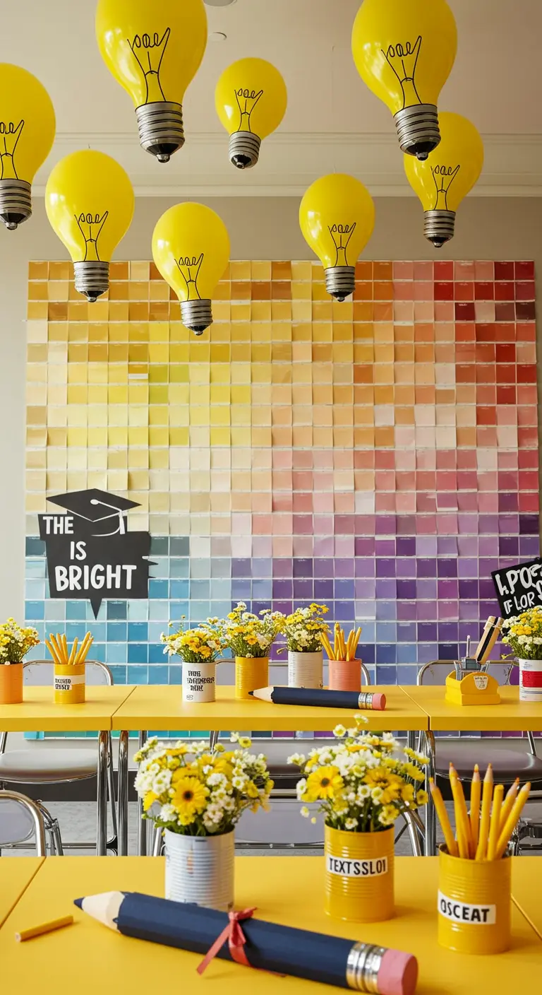 Graduation party decor with yellow balloons decorated to look like lightbulbs.
