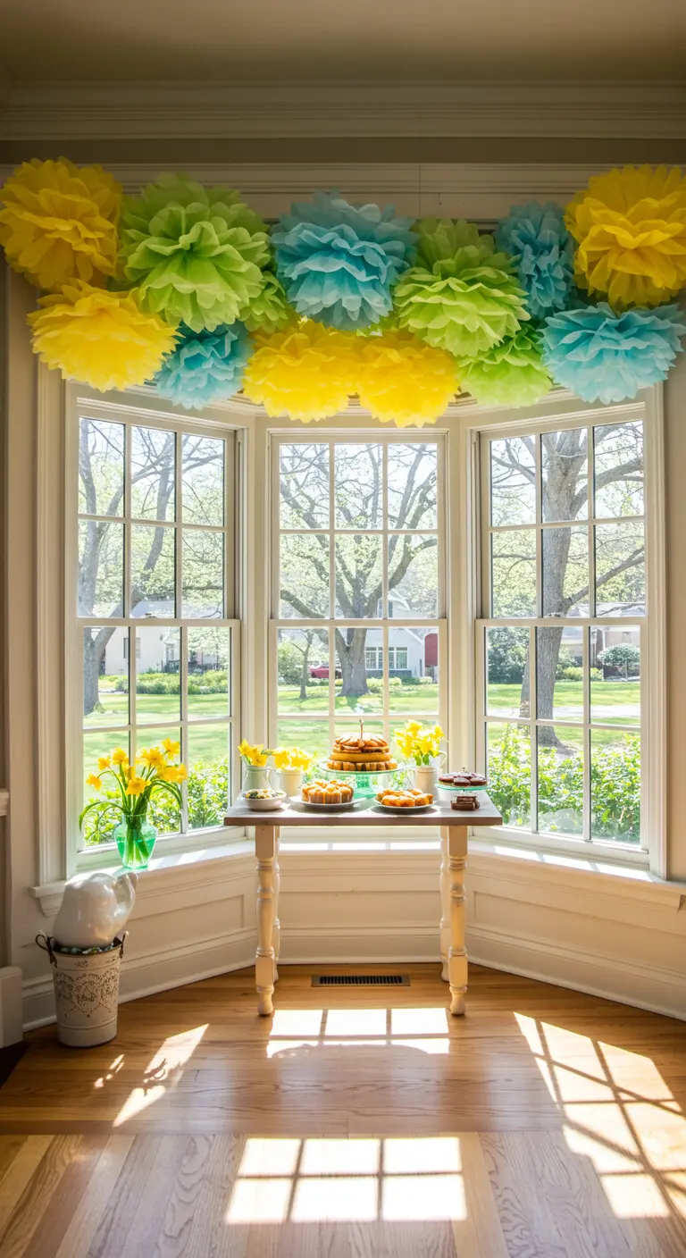 A garland of yellow, green, and blue pom-poms hanging across a sunny bay window.
