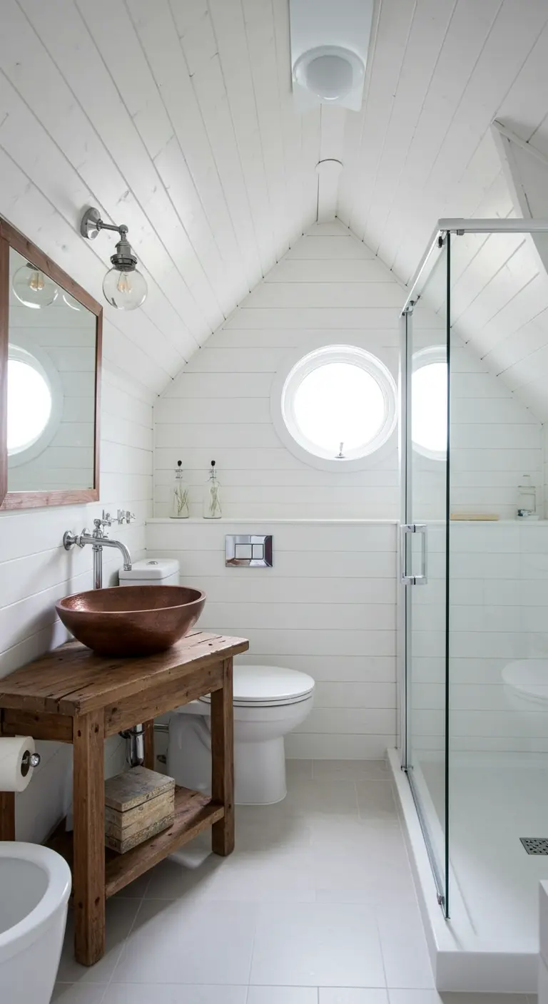 Small white attic bathroom with a round porthole window and copper sink.
