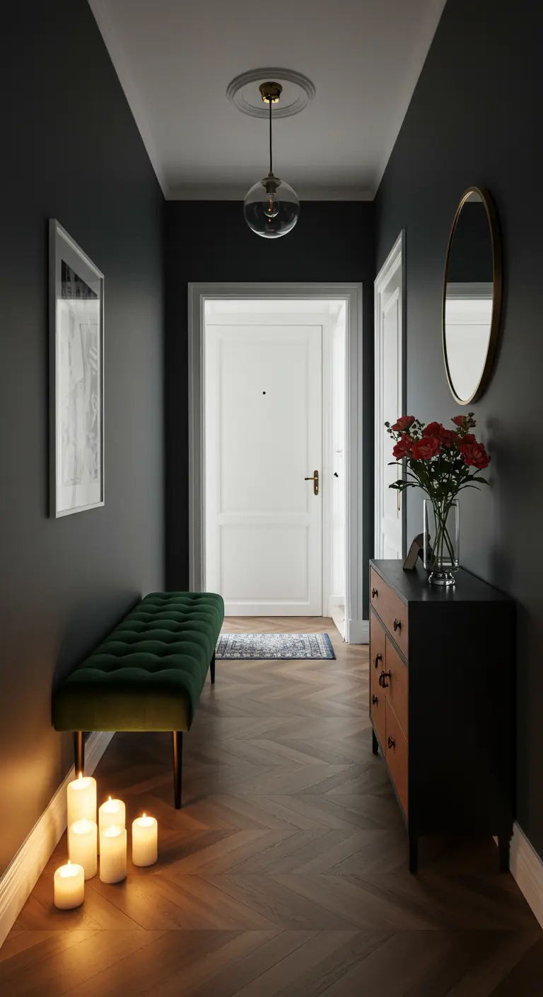 Long, charcoal-walled hallway featuring a bright green velvet bench and a glowing cluster of candles.