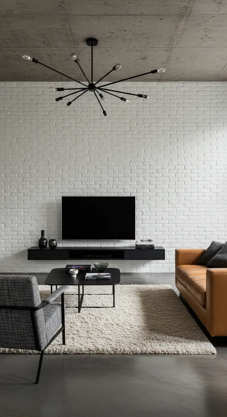 White-painted brick wall with a floating black media console and sputnik chandelier.