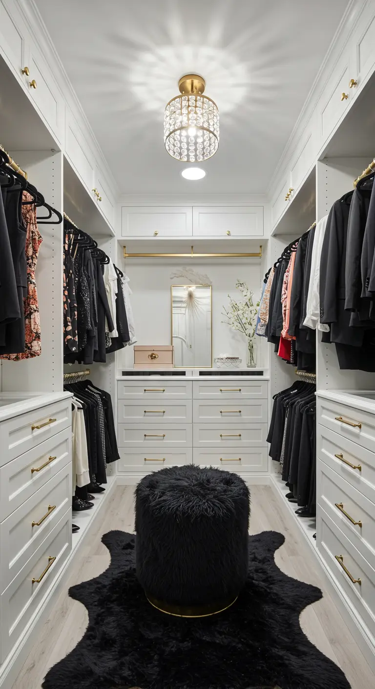 Symmetrical white walk-in closet with gold hardware, a crystal chandelier, and a black fur stool.