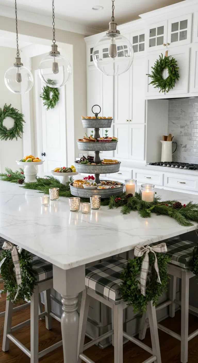 A white kitchen island decorated with a tiered tray, garland, and wreaths on the stools.