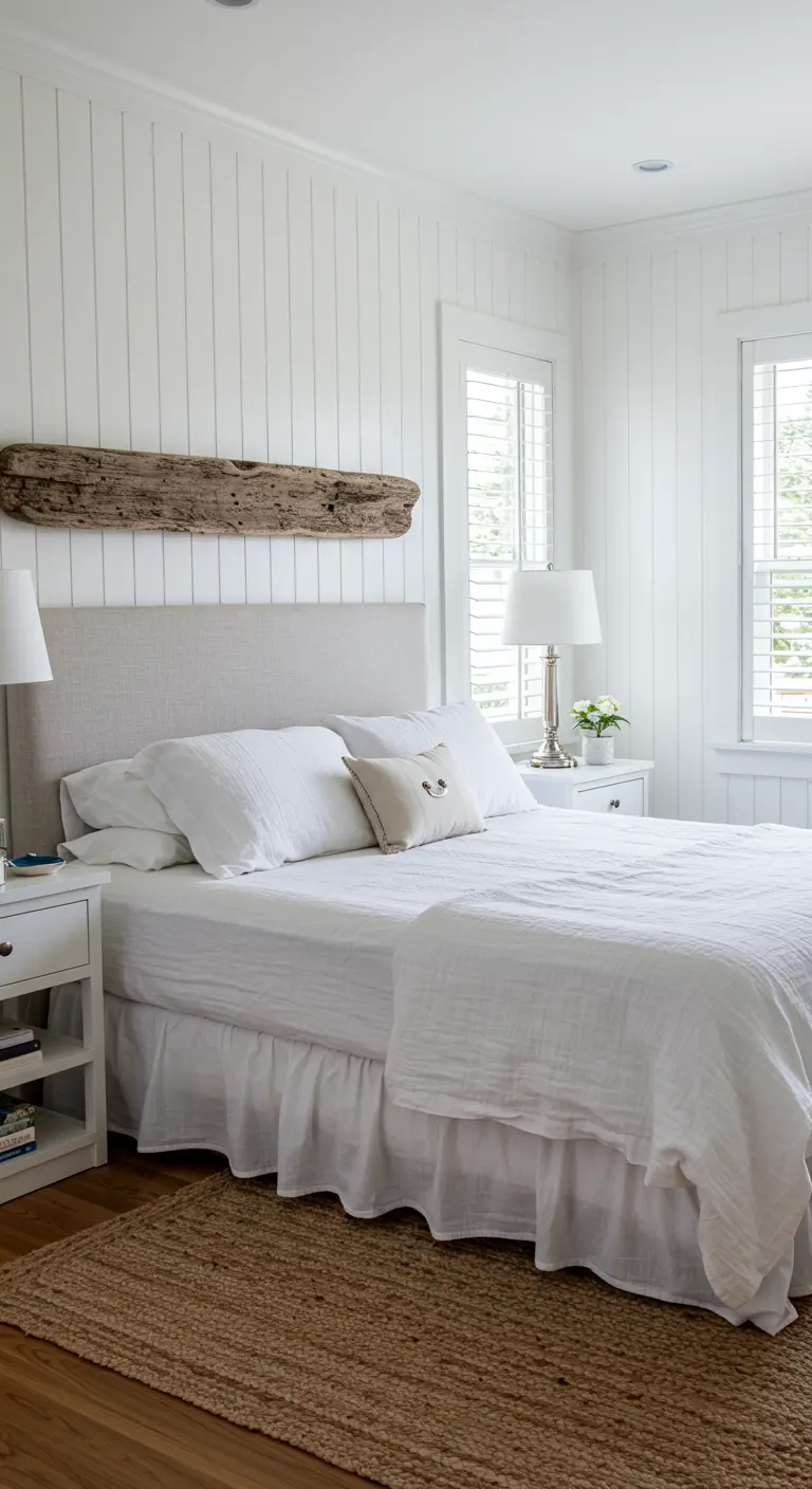 Coastal white bedroom with a piece of driftwood above the bed and a large jute rug.
