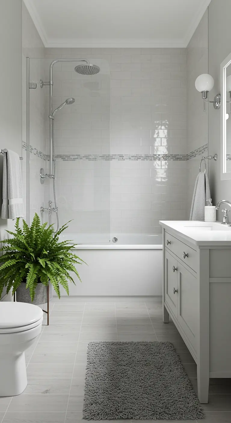 Light grey bathroom with a white vanity and a large potted fern next to the toilet.