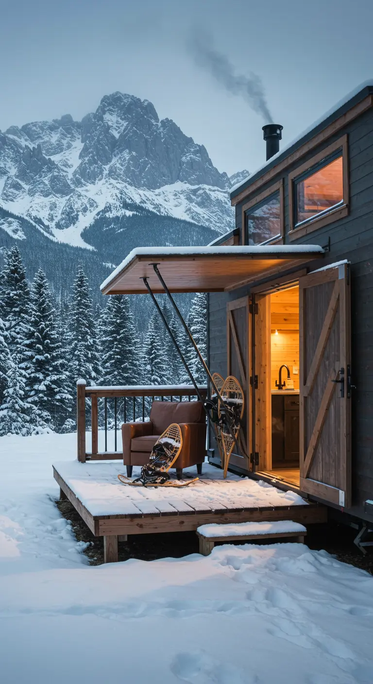 Tiny home in a snowy mountain landscape with a leather chair on its covered deck.